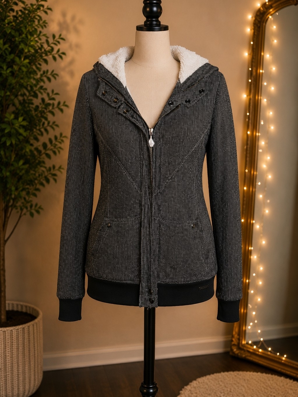Volcom Charcoal Gray Hooded Bomber Jacket with Sherpa Lining